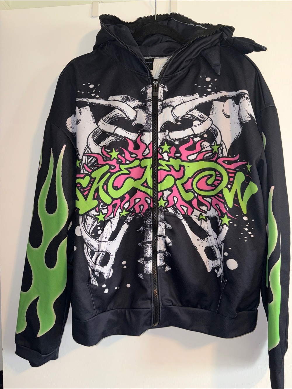 ROMWE Black Zip-Up Hoodie with Neon Green & Pink Flame Graphic